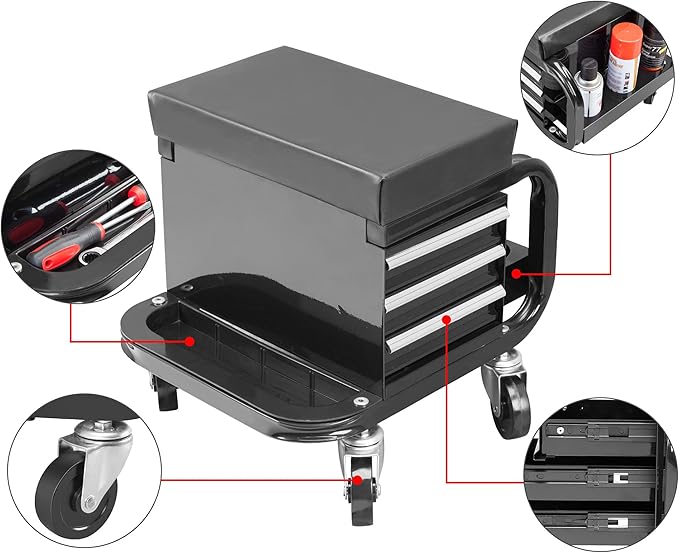 Big RED Rolling Creeper Garage/Shop Seat with Three Built-in Drawers, Rolling Tool Chest,Black,APD2016AR