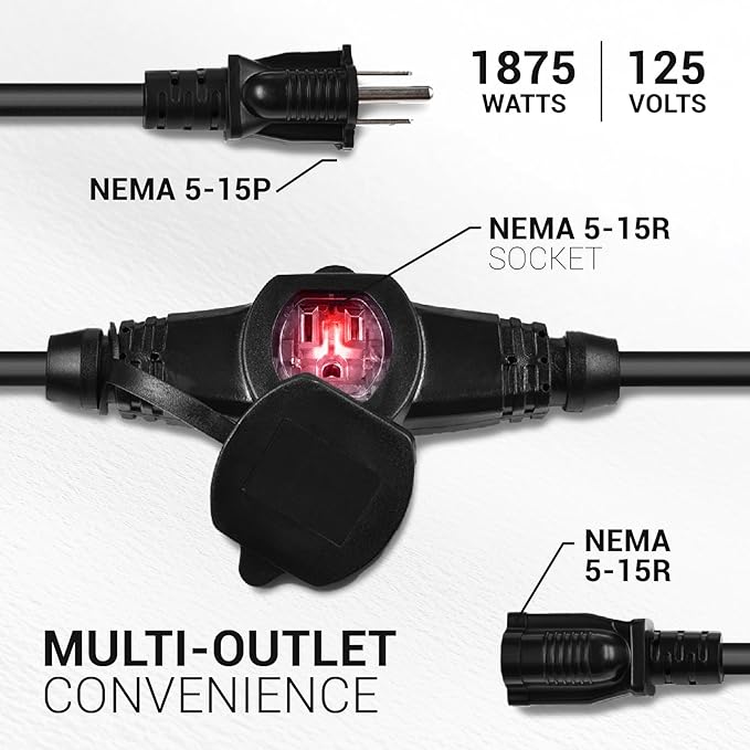 COLSEN Extension Cord with Multiple Outlets – 25 ft Heavy Duty 16 Gauge Power SJTW Cable, 15 Amp 3 Prong 6 NEMA Multi Plug, 16 AWG Male to Female Connector, 5-15R Female Socket, Outdoor/Indoor Black