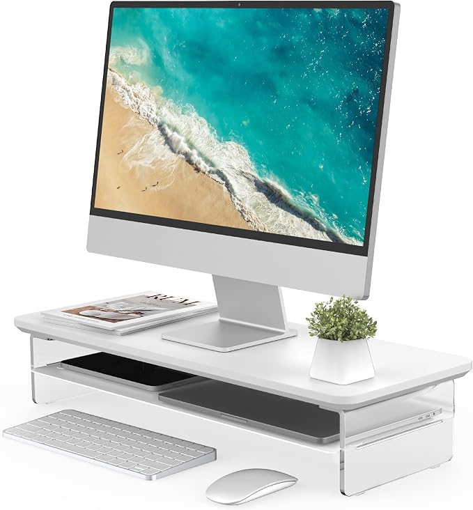 Fenge 23.6" Monitor Stand with Clear Acrylic Legs, White | Clear acrylic, storage compartment, 2-tier home office monitor riser, wide large desktop shelf fit monitor/laptop/printer