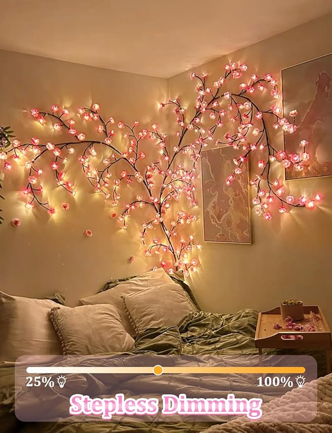 7.55 FT 144 LED Cherry Blossom Tree Branch Lights for Wall,8 Modes Pink Cherry Blossom Lights with Remote Timer,Willow Vine Lights for Bedroom decor,Light Up Cherry Blossom Decor,Holiday Birthday Gift