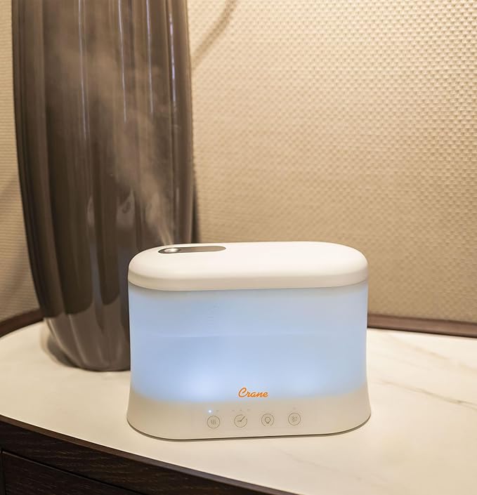 Crane 1.9 Liter Top Fill Cool Mist Humidifier & Essential Oil Diffuser, Whisper-Quiet, 15-Hour Run Time, Night Light, Small Room Air Humidifier, Humidifiers For Bedroom Kids