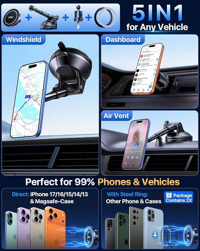 HTU 2026 Upgraded for Magsafe Car Mount [80LBS Strongest Suction & Military-Grade] Powerful Magnetic Cell Phone Holder for Car Dashboard Windshield for iPhone 17 16 15 14 Pro Max Mini,Black