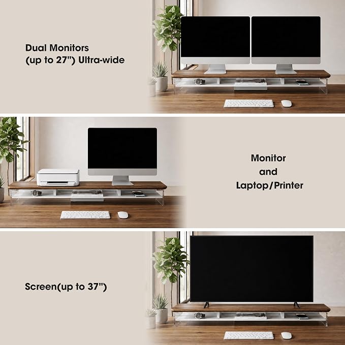 Fenge 42.5" Dual Monitor Stand with Clear Acrylic Legs, Brown | Clear acrylic, storage compartment, 2-tier home office monitor riser, wide large desktop shelf fit monitor/laptop/printer