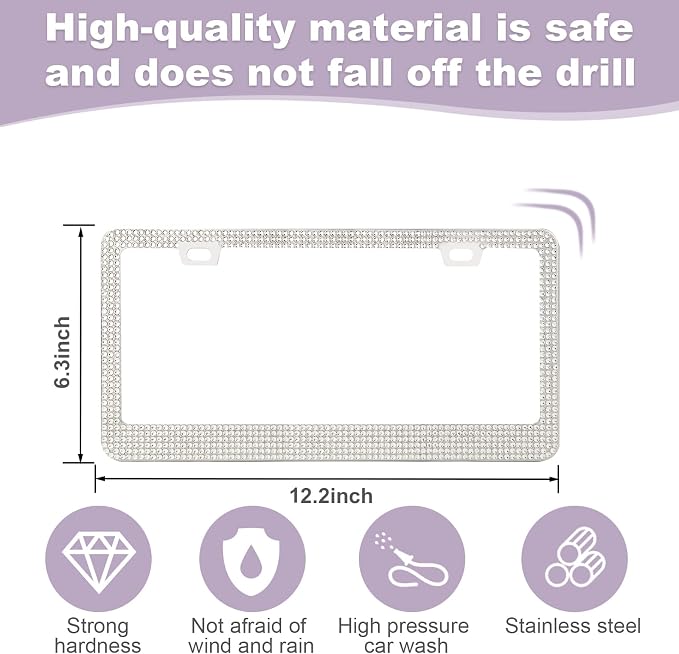 QUANQIUFEI Bling License Plate Frames for Women, Sparkly Rhinestone Diamond Car Accessories with Glitter Crystal Caps (1 Pack White)