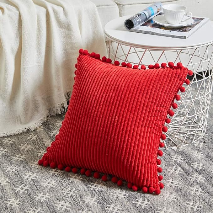 Fancy Homi Pack of 2 Boho Red Decorative Throw Pillow Covers with Pom-poms, Soft Corduroy Solid Square Cushion Cases Set for Couch Sofa Bedroom Car Living Room (20x20 Inch/50x50 cm, Christmas Red)