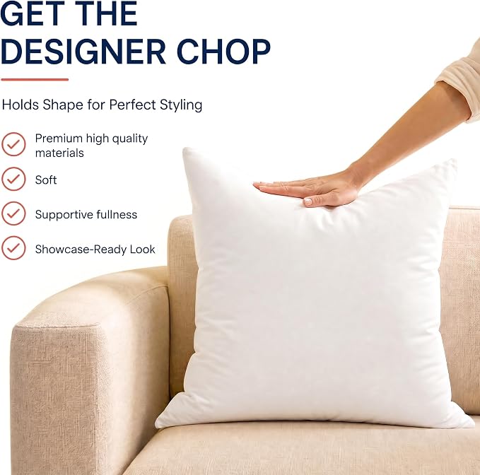 Foamily 22x22 Throw Pillow Inserts, Set of 2, 100% Cotton Cover, White | Cotton cover, plush down-alternative fill, machine washable Fits 22x22 covers Couch, sofa, bed, nursery décor