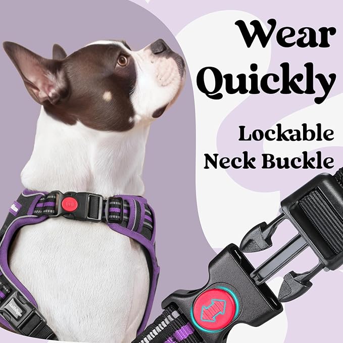 rabbitgoo Dog Harness for Large, No Pull Pet Harness with 3 Buckles, Adjustable Soft Padded Vest with Control Handle, Walking Reflective Pet Vest for Large Dogs, Black & Purple, L