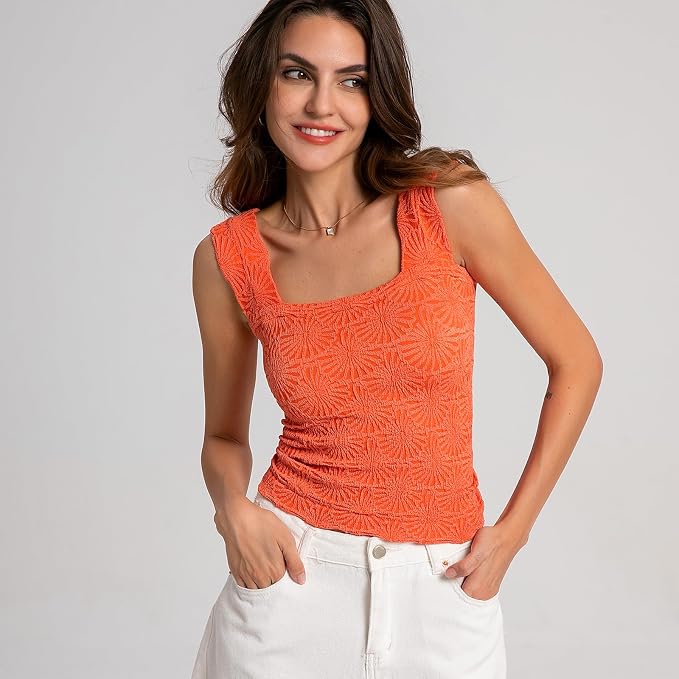 Women's Square Neck Wide Strap Crop Tank Tops Flower Going Out Tops Slim Fit Lettuce Trim Crop Cami Tops
