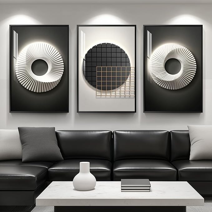 Framed Large Modern Black and White Wall Art for Living Room, 3 Piece Abstract Bright Style Picture Artwork Decor, Minimalist Geometric Painting Prints for Dining Room Hallway Office 24x36 Inch