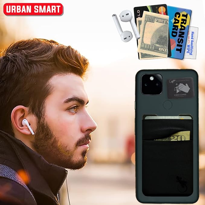 Double Pocket Gecko Phone Wallet - Adhesive Card Holder - Cell Phone Pouch - Stick on Spandex Pocket by Gecko - Carry Credit Cards and Cash ��� (BLACK-BLACK)