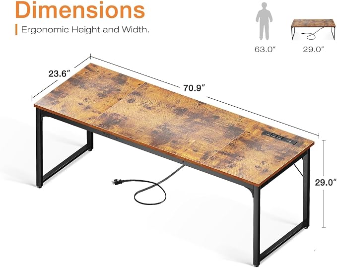 Coleshome 71 Inch Computer Desk with USB Ports, Large Office Desk, Long Study Student Writing Desk, Rustic Brown | Extra-long workspace • Fits dual monitors • Stable steel frame • Spacious legroom • Home office & gaming