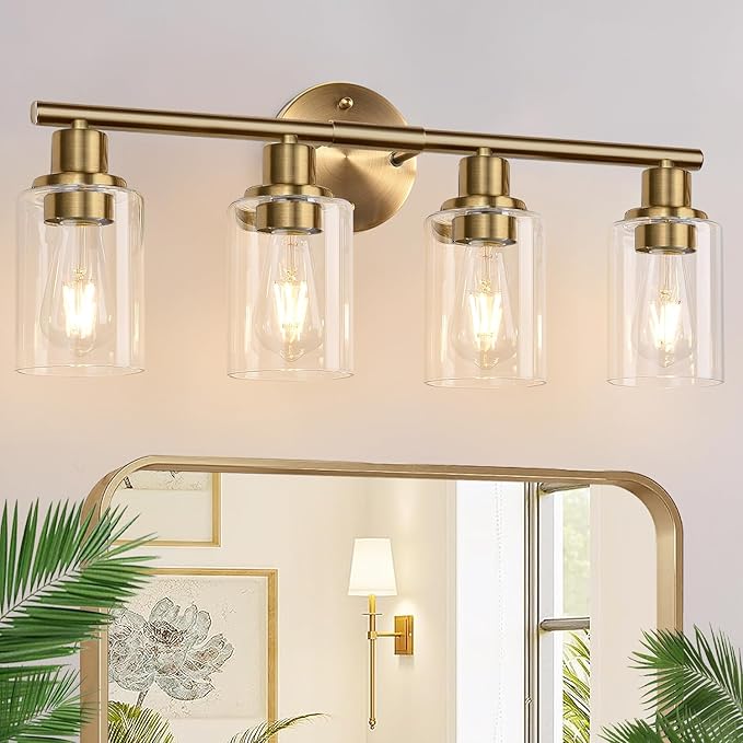 4-Light Bathroom Light Fixtures, Brushed Brass Modern Vanity Lights with Cyan Glass Shades, Bathroom Wall Lamp for Mirror Kitchen Living Room