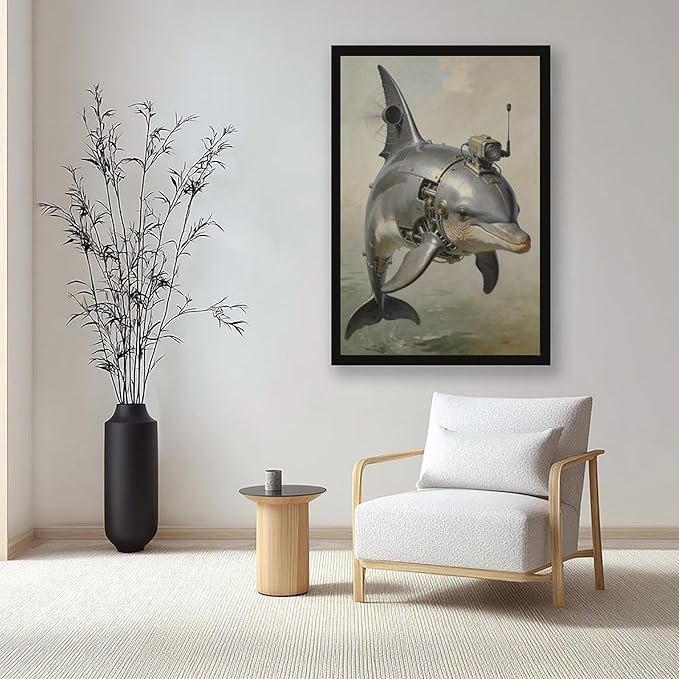 Framed Steampunk Mechanical Dolphin Wall Art - Marine Retro-Futuristic Poster for Beach House Living Room Decor 24x36in