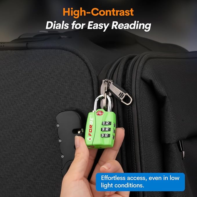 Forge TSA Luggage Combination Lock - Open Alert Indicator, Easy Read Dials, Alloy Body- Ideal for Travel, Lockers, Bags (Green 2Pk)