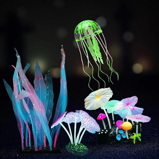 4-Pack Silicone Fluorescent Aquarium Plants & Decor - Realistic Jellyfish, Mushrooms for All Fish Tanks, Essential Decorations