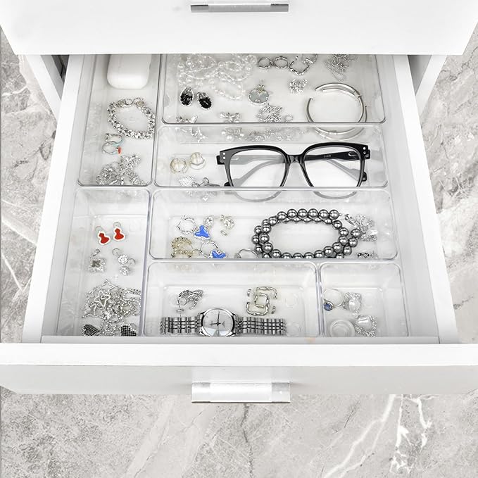 Manalete Drawer Organizers Set of 15, 4 Sizes Clear Plastic Drawer Organizers and Storage Bins for Kitchen, Bathroom, Office, Dresser Desk Drawer Organizer Tray for Jewelry, Makeup, Junk, Gadgets