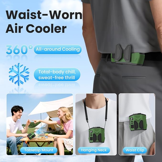 Portable Personal Waist Fan Rechargeable, 10000mAh 5 Speeds 13500RPM Strong Airflow, LED Light & 30H Runtime, Hands-Free Shirt/Belt/Neck Clip on Fan for Camping, Work, Outdoor, Travel