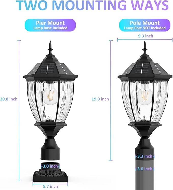 Solar Lamp Post Lights Outdoor Waterproof with Pier Mount Base, 20" H Large Aluminum Outside Solar Lights for Yard, Dusk to Dawn Outdoor Column Lights for Garden, Pathway, Patio(1 Pack)
