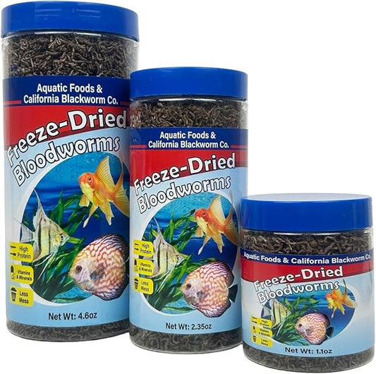 Aquatic Foods Inc. Bloodworms, Grade A Freeze Dried Floating Bloodworms for Cichlids, Discus, Goldfish, Bettas, Angel Fish, Marine Fish, 12-Type Pellet Mix & 4-Type Wafer Mix Included..2.35oz Canister