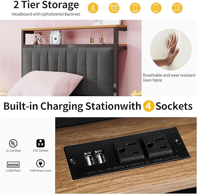 Twin Size Gaming Bed Frame With Storage Headboard,Black Metal Twin Bed Frame With LED Light Rotating TV Mount Charging Station,Stocking Stuffers for Teen Boys,College Dorm Room Essential,Heavy Duty