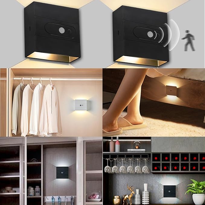 Wall Lights with Motion Sensor Indoor LED Modern Wall Lamp Brightness Adjustable Wall Sconce Recargables USB Con Batería Lighting Fixtures for Living Room Bedroom Corridor (Warm Light,Black)