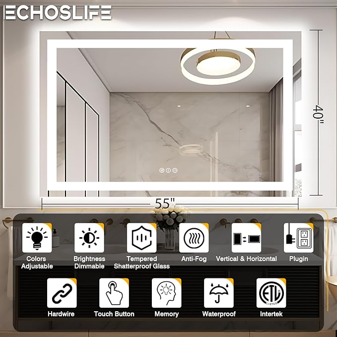 55"x40" Bathroom Mirror with LED Lights, Front and Backlit Mirror, Anti-Fog LED Vanity Mirror, 3 Colors and Dimmable Mirror, Waterproof, Corrosion Proof (Horizontal/Vertical)