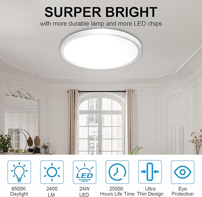 4Pack LED Flush Mount Ceiling Light: 12 inch Super Slim Dimmable & 5CCT (2700-6000K) Kitchen Lighting Fixtures Ceiling - 24W White Low Profile Ceiling Lamp for Bedroom Garage Hallway