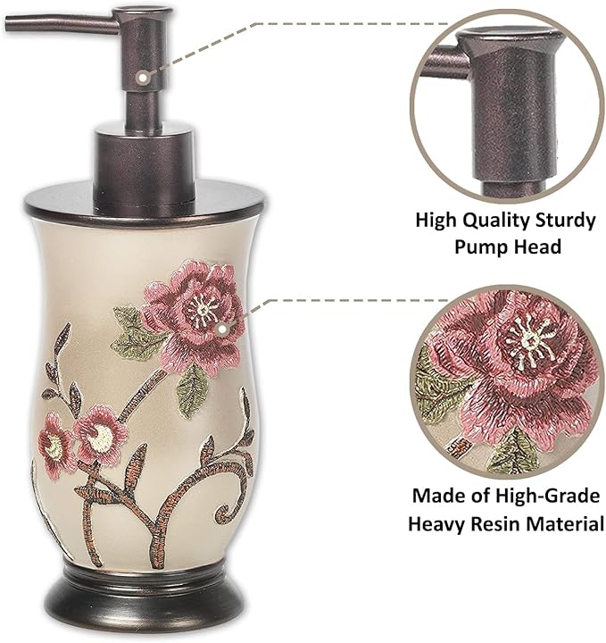 Zahari Home 4pc Larrisa Floral Bathroom Accessories Sets Modern Classic Flower Soap Dispenser, Tumbler, Tooth Brush Holder and Soap Dish Holder Luxury Decor Unique Design Stylish Bathroom Sets