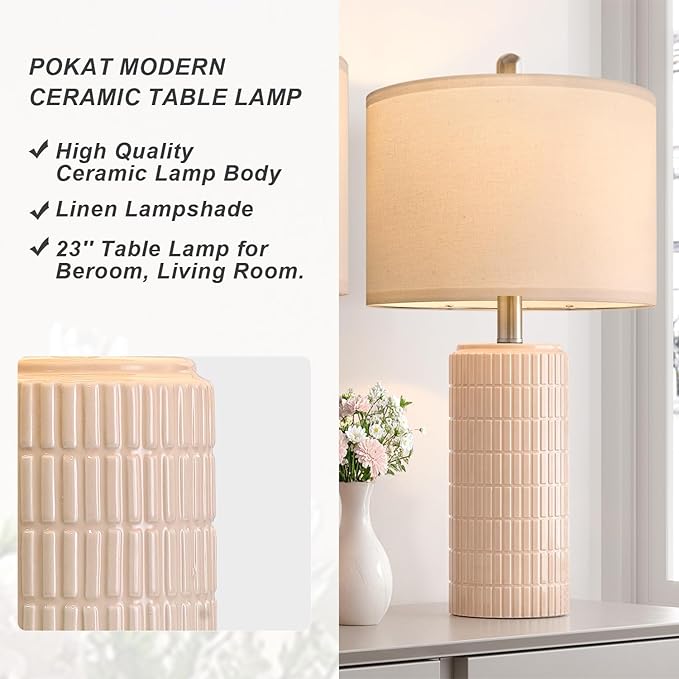 PoKat 23" Pink Ceramic Table Lamps Set of 2, Modern Bedroom Lamps for Girls Room, Bedside Lamps for Night Stands, Cute Lamps for Living Room Decor, Nightstands Desk Lamp, Pink