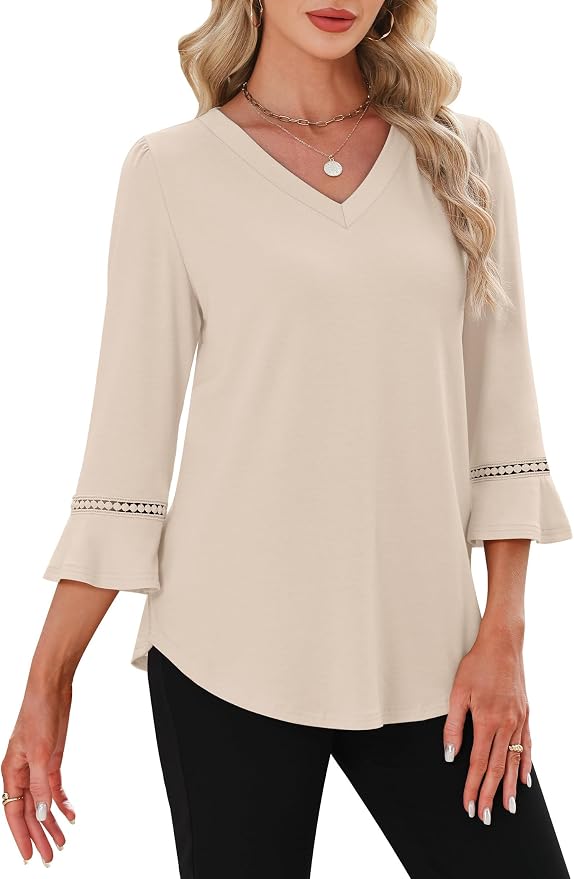 WIHOLL Womens Blouses Dressy Casual 3/4 Length Sleeve Tops Lace Trendy 2026 Spring Summer V Neck Shirts Vacation Outfits