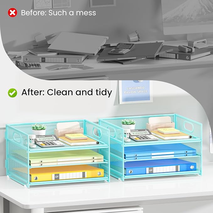 Subekyu 2-Pack 3-Tier Blue Metal Mesh Desk Paper Letter Tray & File Sorter Organizer with Handle + 1 Sliding Tray for Desk, Home, Office, School Supplies, A4 Paper and Accessories Storage