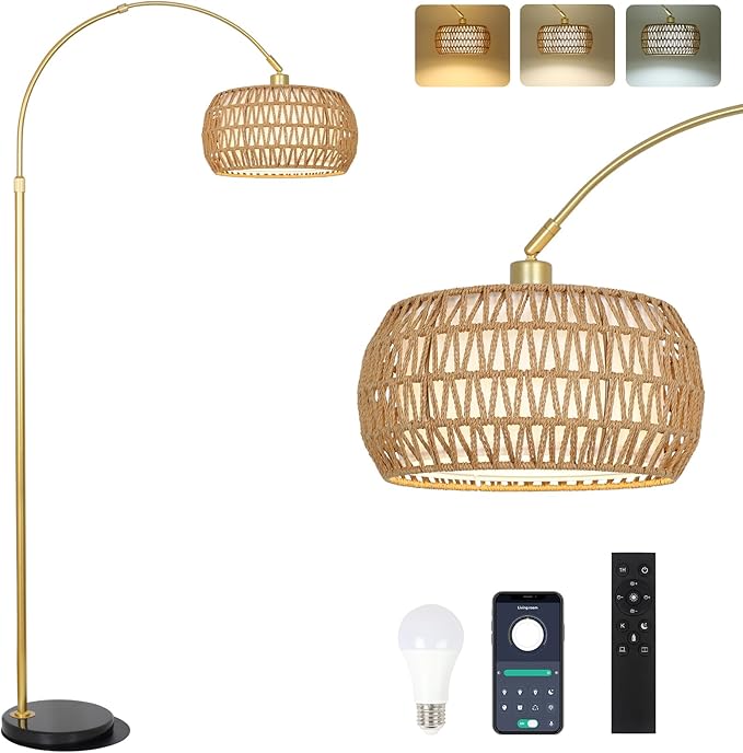 Gold Floor Lamps for Living Room, Arc Floor Lamp with Remote & Dimmable Bulb, Boho Rattan Standing lamp with 3 Color Temperatures, Height Adjustable Tall Lamp for Bedroom, Over Couch Reading Lamp