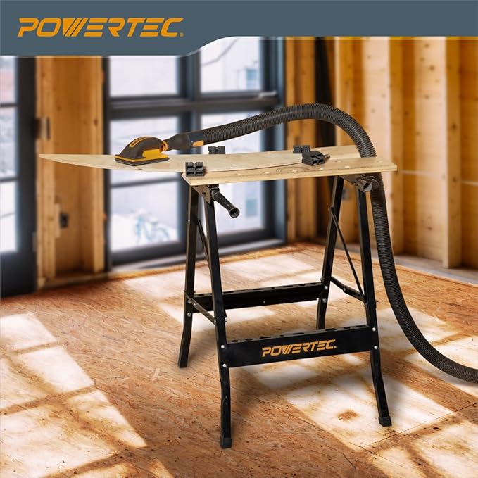 POWERTEC Portable Small Workbench with Vise, Imprinted Ruler and Protractor Scale, Folding Sawhorse/Worktable and 4 Bench Dogs for Woodworking Projects (MT4006)