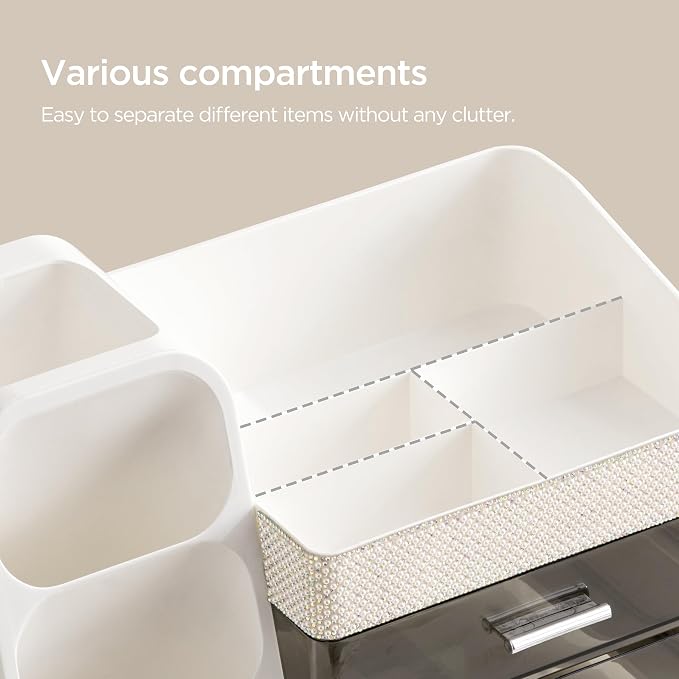HBlife Makeup Organizer with Brush Holder for Vanity, Large Plastic Bathroom Countertop Organizer Skin Care Storage, Easy to Store Lipsticks, Nail Polishes, Perfumes, Eyeshadow Palettes, Pearl White