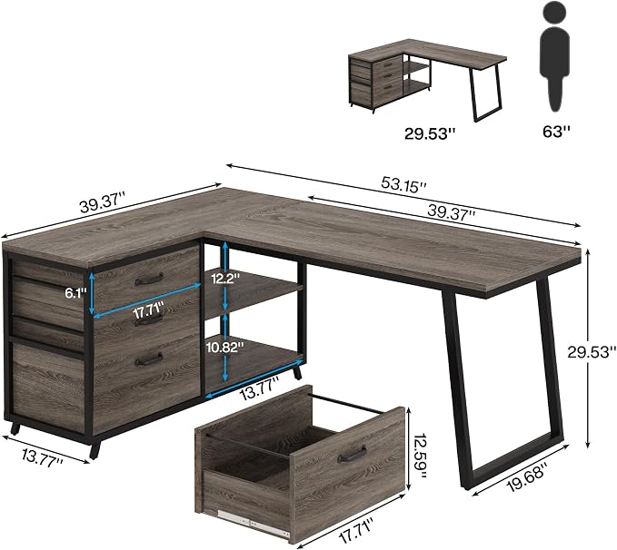 Tribesigns L-Shaped Desk with 3 Drawers, Reversible Corner Home Office Computer Desk with Shelves, 53-Inch Industrial PC Desk Study Writing Table Workstation for Small Space, Grey