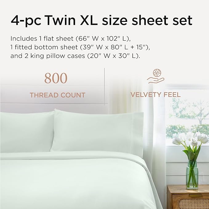 Threadmill Sheets for Twin XL Mattress | 800 Thread Count Twin XL Bed Sheets Set with 15” Deep Pocket | Sateen Weave, Better Than Egyptian Cotton, 3-Piece Bedding Set with Cooling Effect | Seaglass