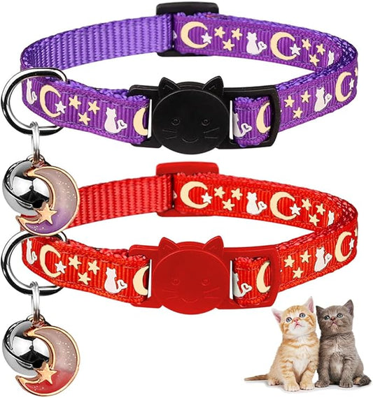 Baeuppit 2PCS Breakaway Cat Collars with Bell Cute Kitty Glow in The Dark Adjustable Kitten Collars(Red&Purple)