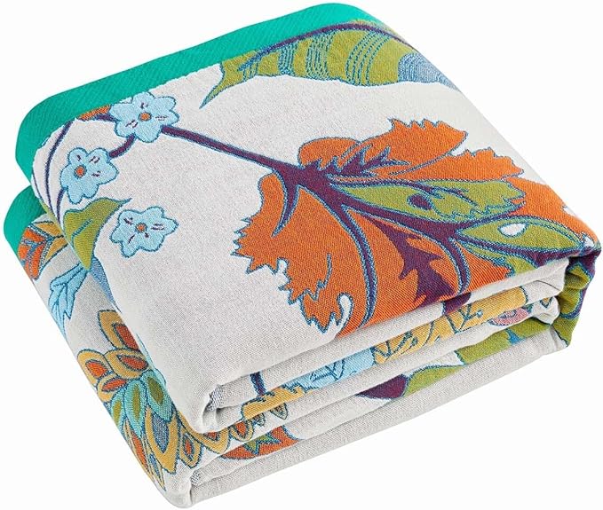 XIBLC Summer Throw Blanket, 90"x98" Reversible Bohemian Flower Blanket, 100% Cotton Muslin Breathable Woven, Farmhouse Decorative Throw Blanket