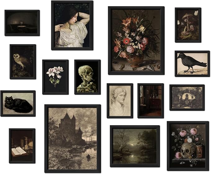 16 PCS Dark Academia Room Decor, Gothic Home Decor, Moody Wall Art Prints for Bedroom, Witchy Posters for Room Aesthetic, Wall Collage Kit Pictures for Living Room, Halloween Dorm Gallery Decor