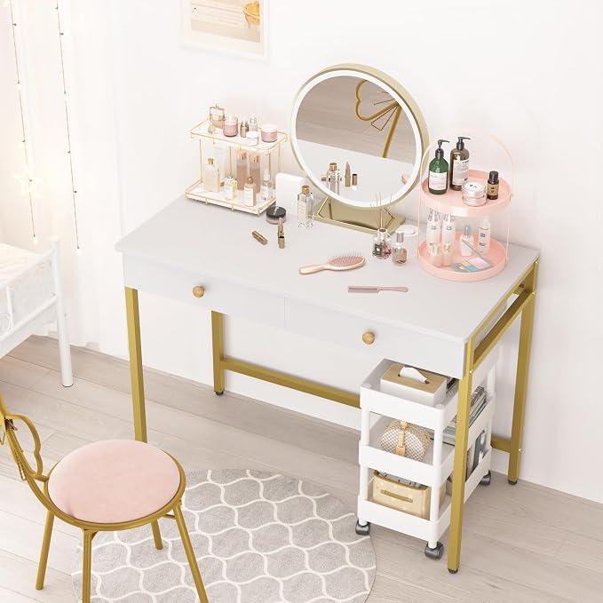 Weehom Computer Desk with Drawers, Home Office Workstation, White Gold | Sturdy and spacious workstation for writing, studying and gaming, Suitable for PC and laptop use