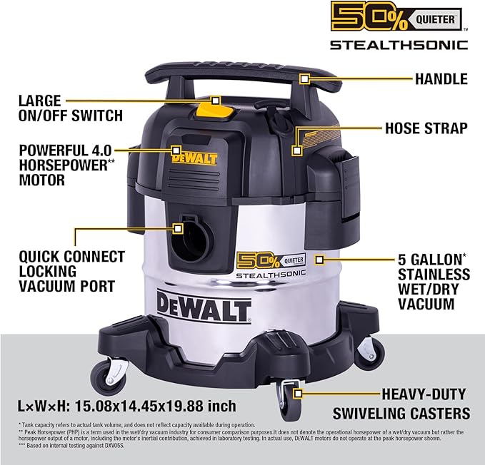 DEWALT 5 Gallon STEALTHSONIC Shop Vacuum Wet and Dry, Powerful Suction & Portable Shop Vac with Attachments, Ultra Quiet Wet Dry Vacuum for Home, Garage, Car, Workshop, Jobsite, DXV05S-QT, 4 Peak HP