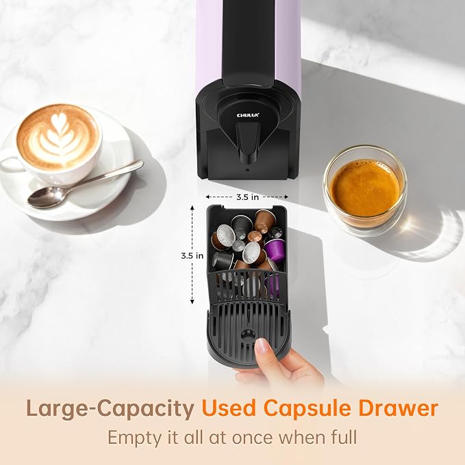 CHULUX Bafè-Pro 20Bar Espresso Coffee Machine for Fast Extraction, Lavender | 1400W Rapid Heating, Espresso Lungo Buttons, Used Capsule Drawer, Auto-Eject System, 24oz Removable Reservoir, Mini Footprint