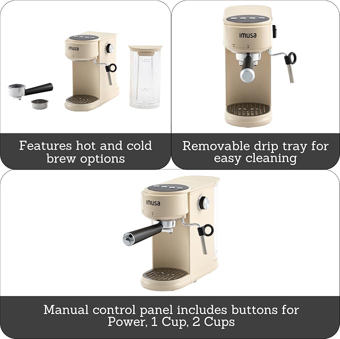 IMUSA 1 or 2 Cup Electric Slimbrew Espresso Cappuccino Coffee Maker, Almond | Milk Frother for Cappuccino, Thermoblock Fast Heating System, Compact Design, Makes Latte, Macchiato, Mocha, Hot or Iced