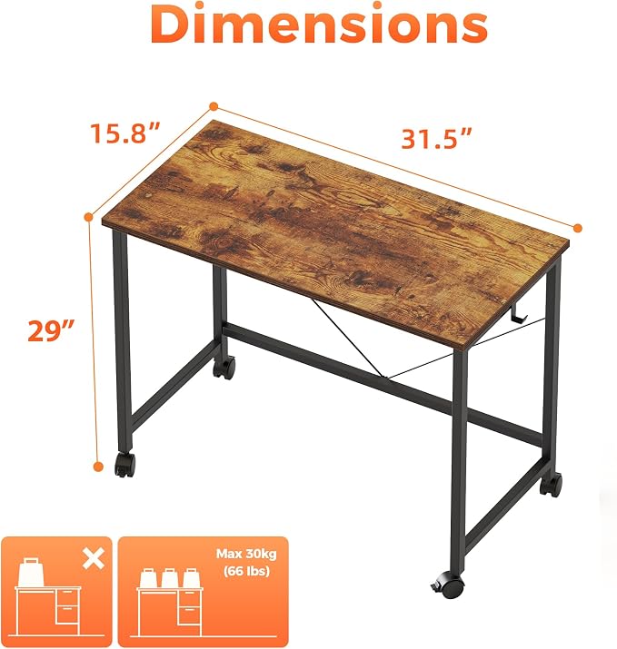 Mericonia 32x16 Inch Computer Desk with Wheels, Small Simple Rolling Desk | Writing Table for Home Office Bedroom Work Study, Brown