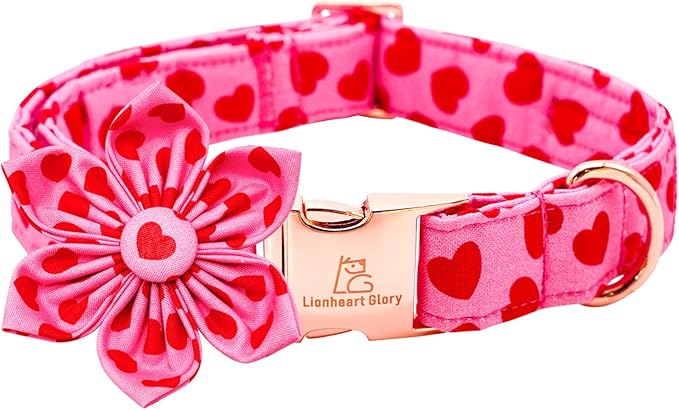 Lionheart glory Valentine's Day Dog Collar with Flower Dog Collar for Medium Dogs, Soft Adjustable Hearts Dogs Collars Spring Pet Collars Flower Puppy