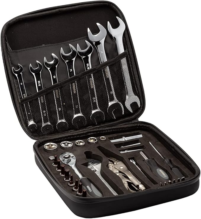 Backcountry Tool Kit-Compact Lightweight Repair Set in EVA Protective Case for Snowmobile, ATV, UTV, Dirtbike METRIC/SAE Wrenches and Mini 1/4" Ratchet, Locking Pliers, Spring Puller Tool