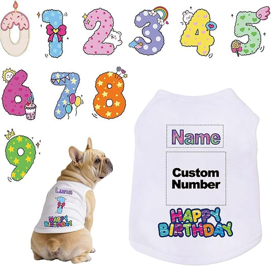 Custom Dog Birthday Shirt,Personalized Pet Apparel Print with Name Age Number,Pet Birthday Outfit,Lightweight Breathable Cotton Vest for Small Medium Large Dogs Cat (White, 5X-Large)