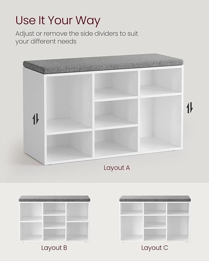 VASAGLE CUSTOS Collection - Shoe Bench, Storage Bench with Padded Seat, Entryway Bench with 9 Compartments, for Bedroom, 11.9 x 30.9 x 18.9 Inches, Cloud White and Dove Gray ULHS009W14