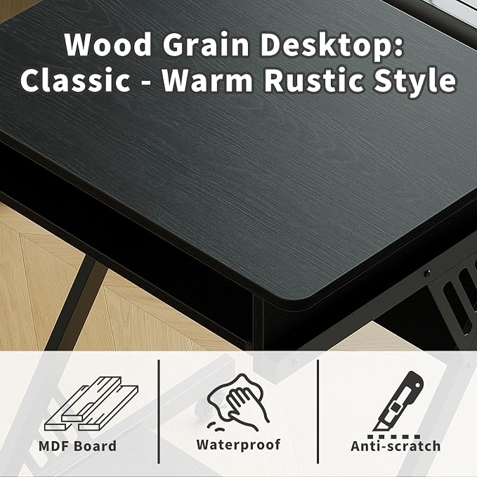 ALISENED Computer Desk for Small Spaces Compact Desk with Keyboard Tray | 23.6" Z-Shaped, with Wheels and Bottom Shelves, for Home Office, Computer Cart Mobile Laptop Cart, Black