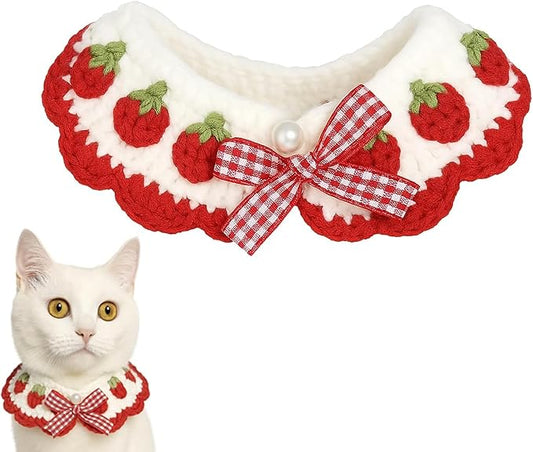 Cat Collar Breakaway, Kitten Collar with Cute Bow Tie Strawberry Pattern Comfortable for Kitty and Small Puppies, Bandana Fits Neck 2-3 Inches (White)